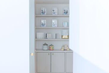 Dental practice, cabinet with items.
